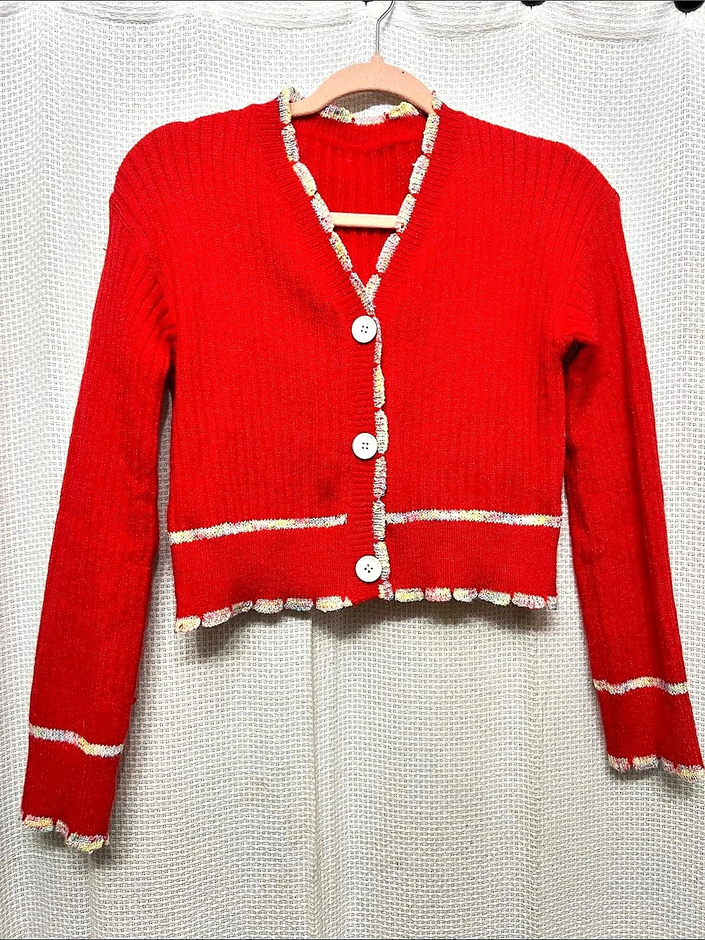 Red Trim Button-Front Cardigan
